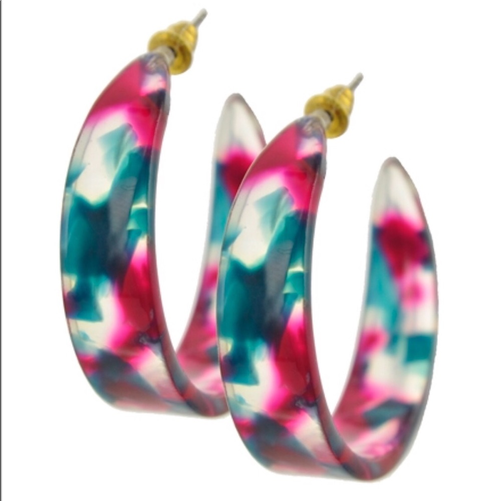 Fuschia Pink‎ Teal Acetate Tortoise Hoop Earrings